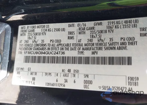 2016 Ford Escape Se z USA, uszkodzony, nr VIN 1FMCU9G94GUC24736